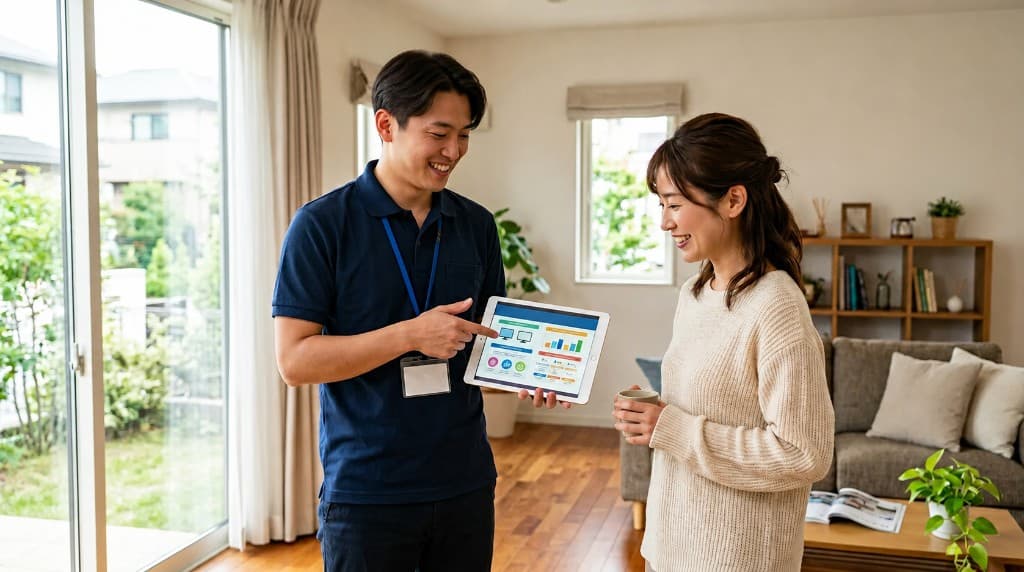 ご自宅訪問で顧客に光回線やCATVの料金・プランを案内する営業スタッフ